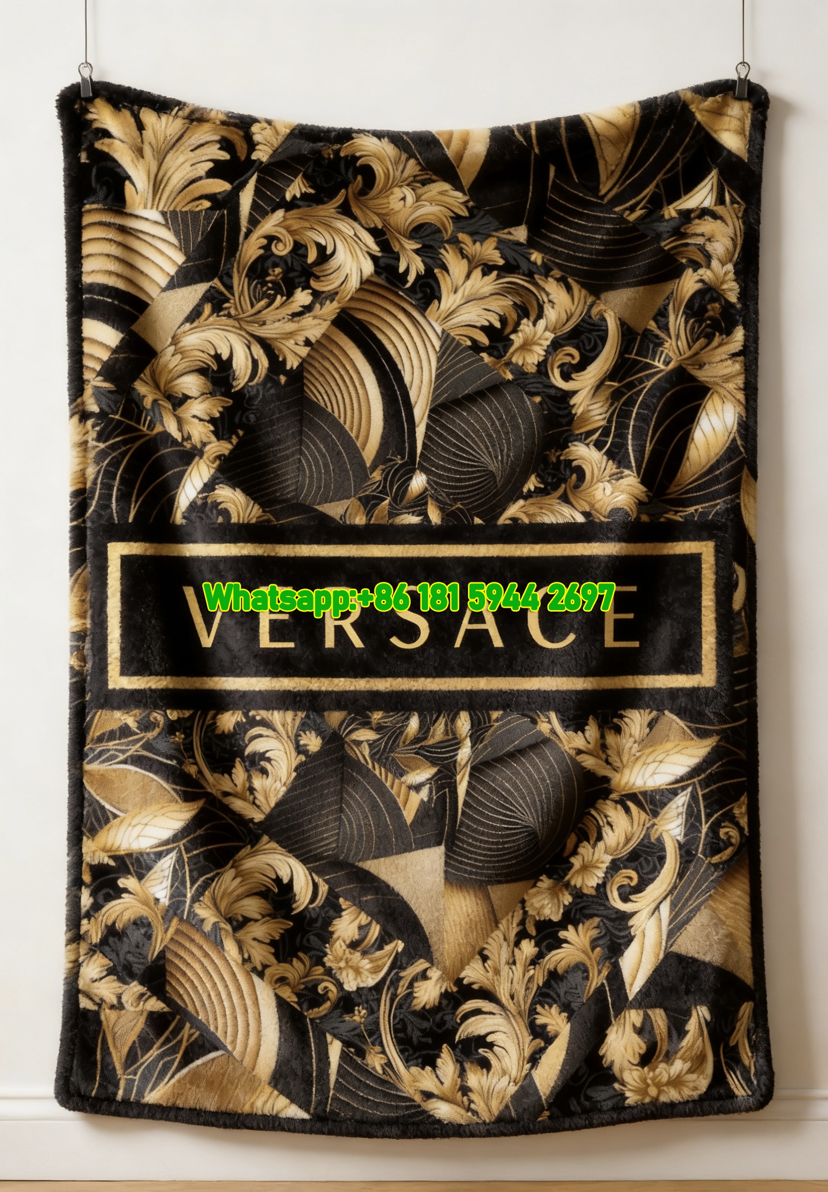 Versace Black and Gold Geometric Baroque Floral Flannel Throw Blanket IMG_1468